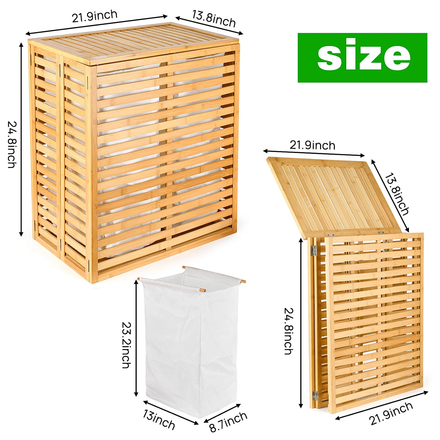 Bamboo Laundry Hamper with Lid – Foldable Clothes Basket with 2-Section Removable Liner Bag, Space-Saving Laundry Sorter for Ba