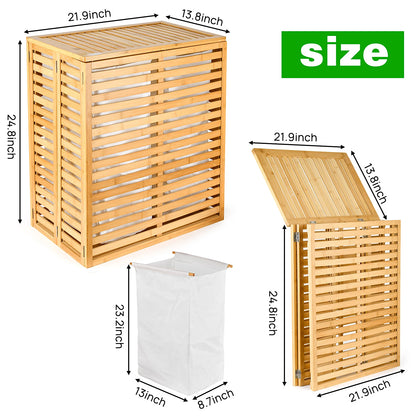 Bamboo Laundry Hamper with Lid – Foldable Clothes Basket with 2-Section Removable Liner Bag, Space-Saving Laundry Sorter for Ba