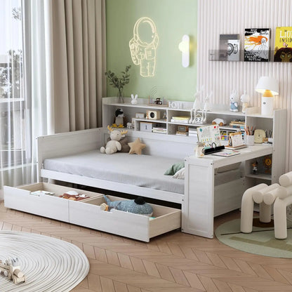 Twin Size Daybed with Trundle, Side Bookcase and Desk, Pine Wood Captains Bed with Storage Shelves Headboard , Customized