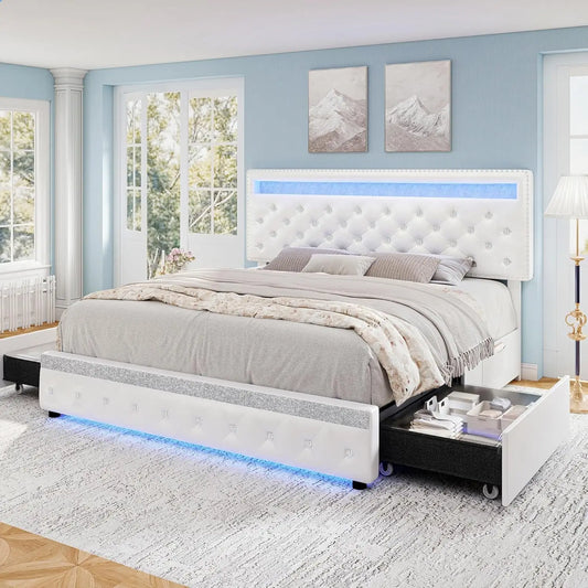 Queen LED Bed Frame With 2 Drawers, PU Upholstered Platform Beds With Adjustable Storage Headboard, Crystal Button