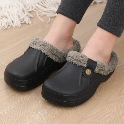 Comwarm Winter New Fuzzy House Slippers For Women Men Waterproof Garden Shoes Soft Plush Slippers Outdoor Warm Furry Clogs Slide