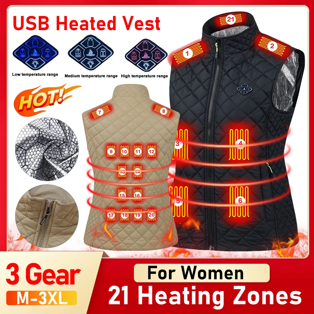 Women 21 Heating Zones Vest Autumn and Winter Electric Heated Jackets USB Heating Vest Outdoor Thermal Winter Warm Jacket M-3XL