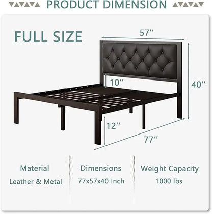 Full Size Metal Bed Frame with Faux Leather Button Tufted Headboard, Heavy-Duty Platform Bed Frame with 12" Storage, Steel Slats