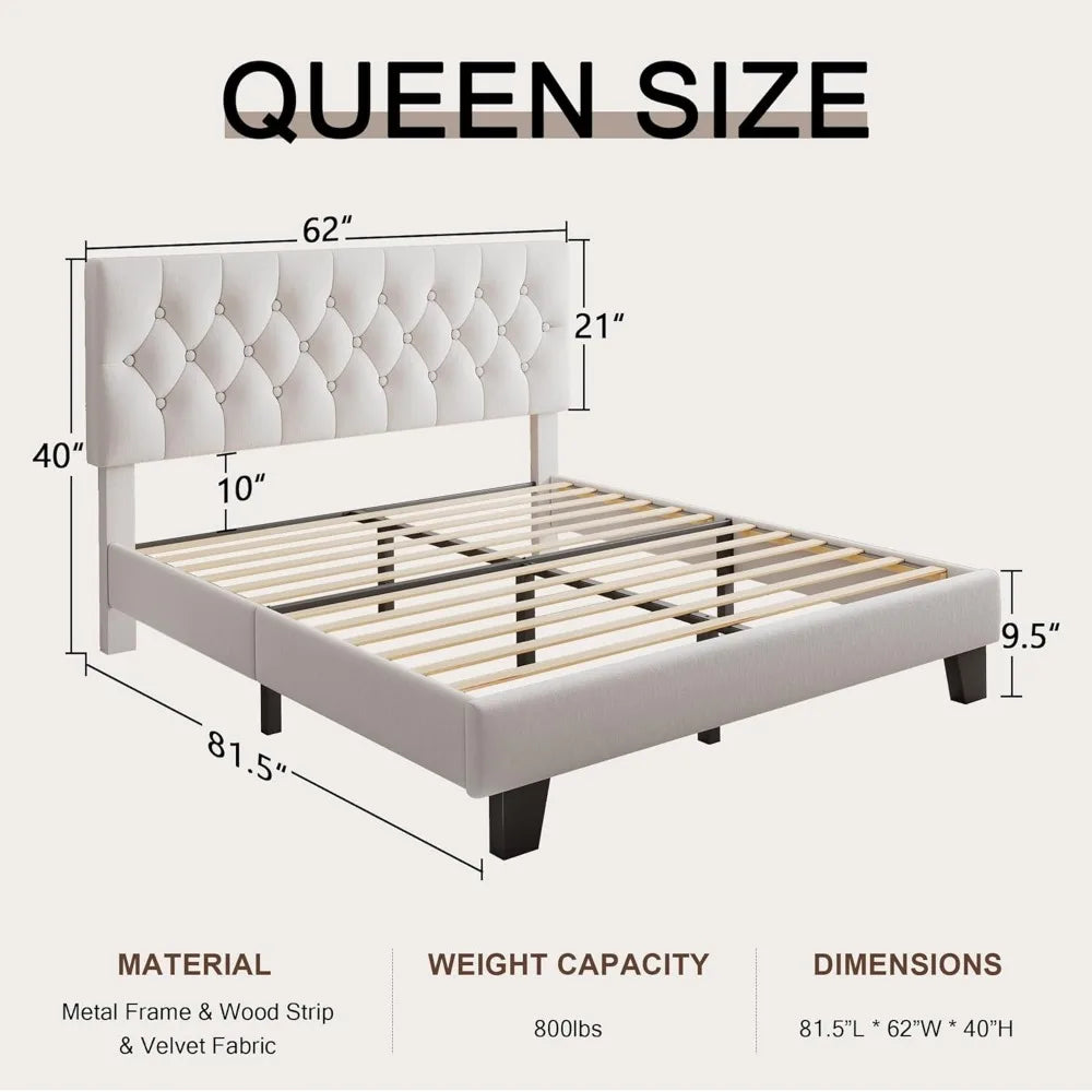 Upholstered Bed Frame with Headboard, Button Tufted Linen Bed Base, Platform Bed with Wood Slat, Heavy Duty,, Customized
