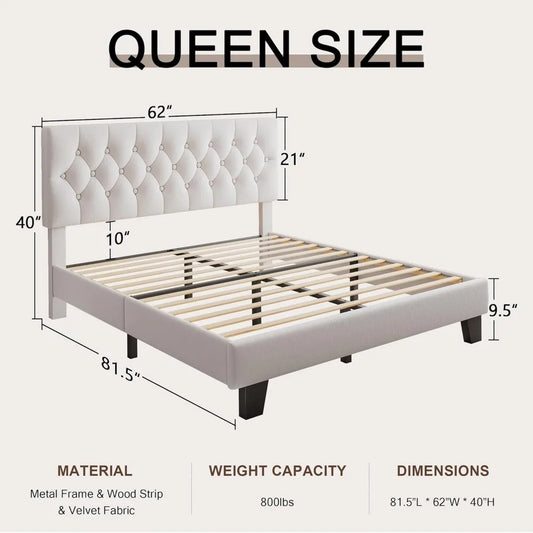 Upholstered Bed Frame with Headboard, Button Tufted Linen Bed Base, Platform Bed with Wood Slat, Heavy Duty,, Customized