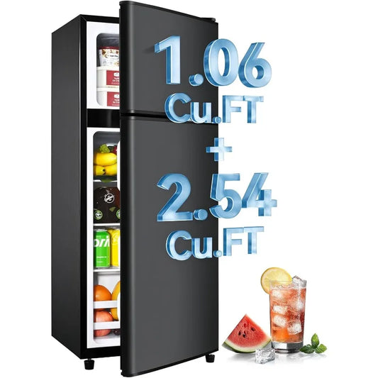 3.6 Cu.Ft Fridge with Freezer, Double Door Refrigerator with 6 Level Thermostat, LED Light, Adjustable Glass Shelves for Bedroom