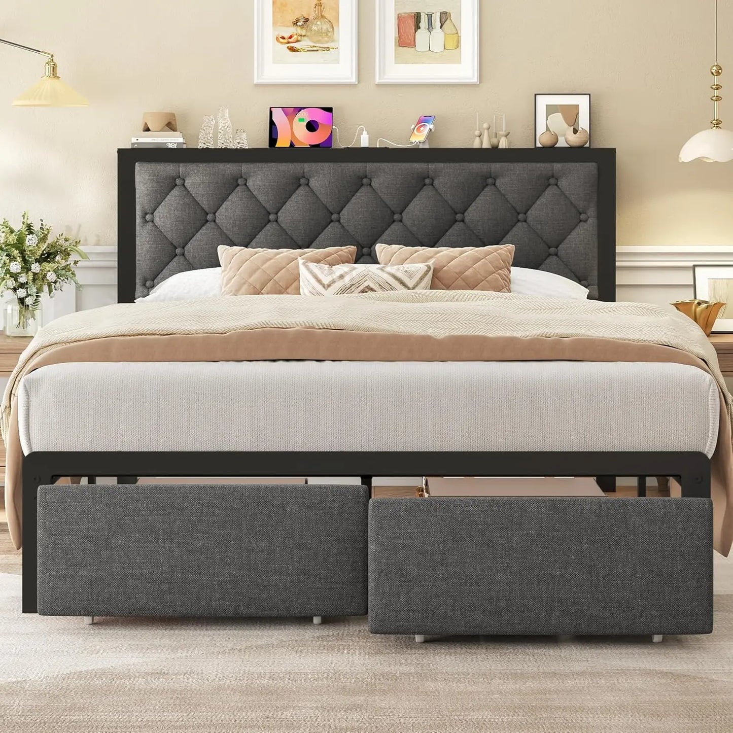 Frame with 2 Storage Drawers, Upholstered Headboard Button Tufted Bed Frame with Charging Station, No Box Spring Neede