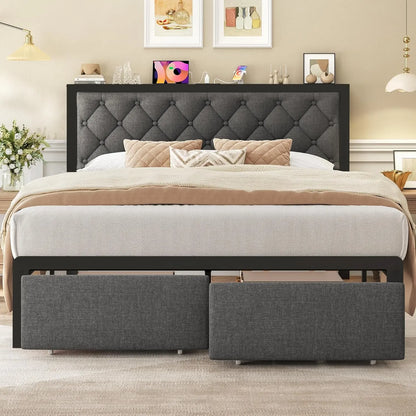 Frame with 2 Storage Drawers, Upholstered Headboard Button Tufted Bed Frame with Charging Station, No Box Spring Neede