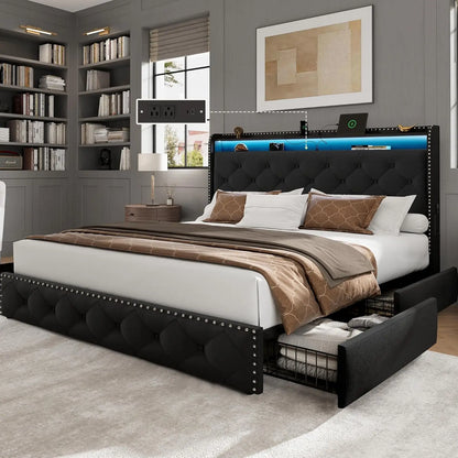Queen Size Bed Frame with 4 Storage Drawers and Charging Station, Velvet Upholstered Platform Bed Frame with LED, Customized
