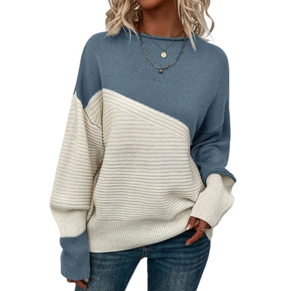 Women'S Casual Round Neck Colorblock Pullover Sweater Loose Casual Long Sleeve Contrast Color Top Pulls Femmes Woman Clothes