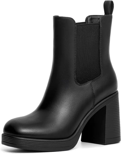 Athlefit Women's Chelsea Platform Boots High Chunky Heel Square Toe Boots Fashion Slip On Elastic Heeled Ankle Booties