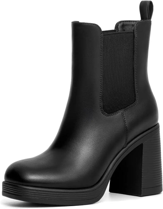 Athlefit Women's Chelsea Platform Boots High Chunky Heel Square Toe Boots Fashion Slip On Elastic Heeled Ankle Booties
