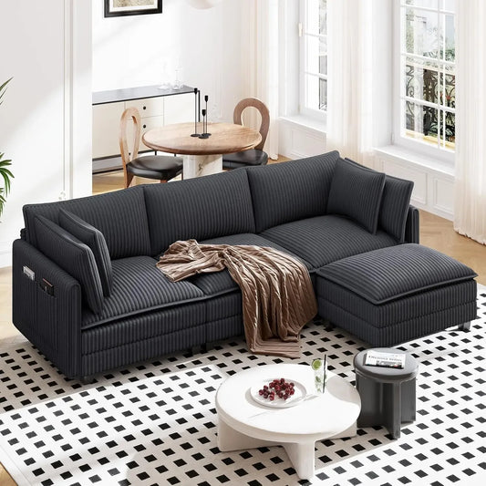 109" L Shaped Cloud Sectional Couch, Comfy Corduroy Upholstered Modular Couches for Living Room, Modern 3 Seater, Customized