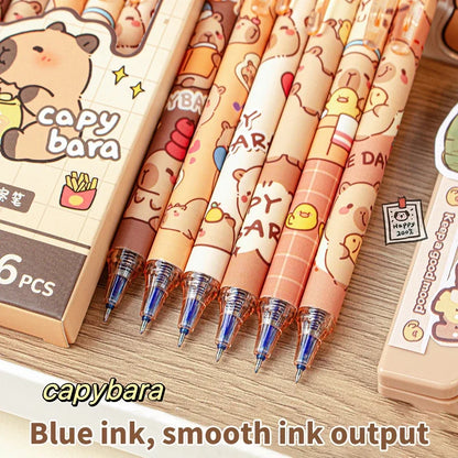 6Pcs Cute Capybara Gel Pens Kawaii Pen Set Quickly-Drying Blue Erasable Pens Office School Supplies Kawaii Aesthetic Stationery