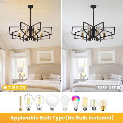 Modern 8-Light Geometric Chandelier Adjustable Height Metal Pendant Light with Black Frame & Golden Accents Ceiling Light Decor