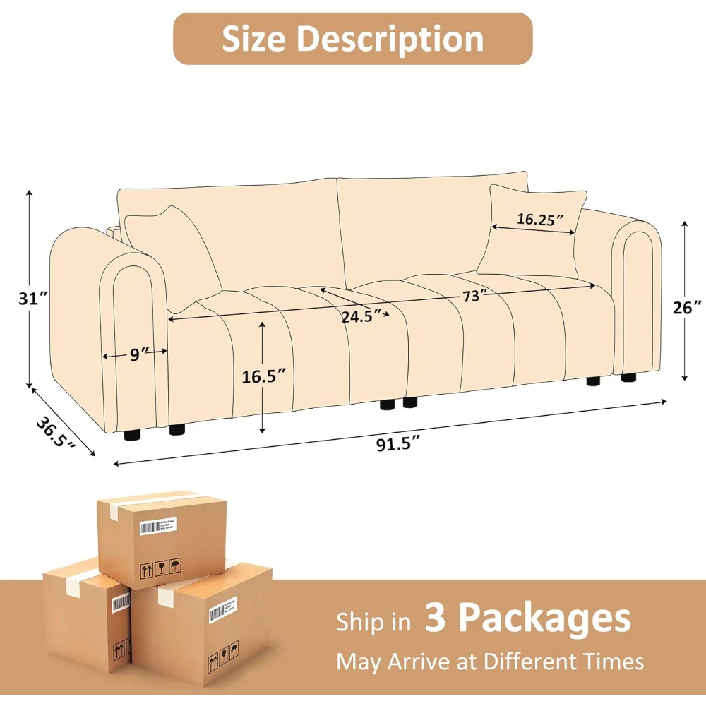 91.5" Modern Boucle Sofa Couch, Comfortable Upholstered Tufted Cloud Couch, 3 Seater Couches for Living Room, Bedroom