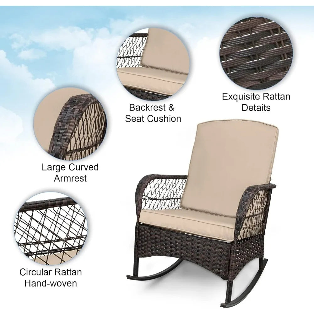 3 pcs Rocking Bistro Set Conversation Chairs PE Wicker Outdoor Rocking Chairs & Glass Table,for Porch Lawn Garden Backyard Deck