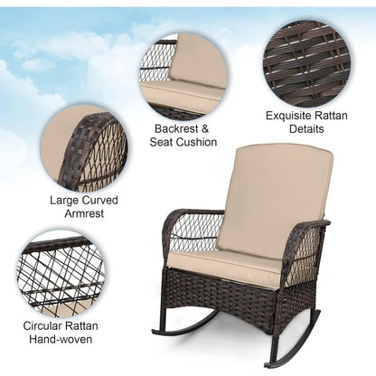 3 pcs Rocking Bistro Set Conversation Chairs PE Wicker Outdoor Rocking Chairs & Glass Table,for Porch Lawn Garden Backyard Deck