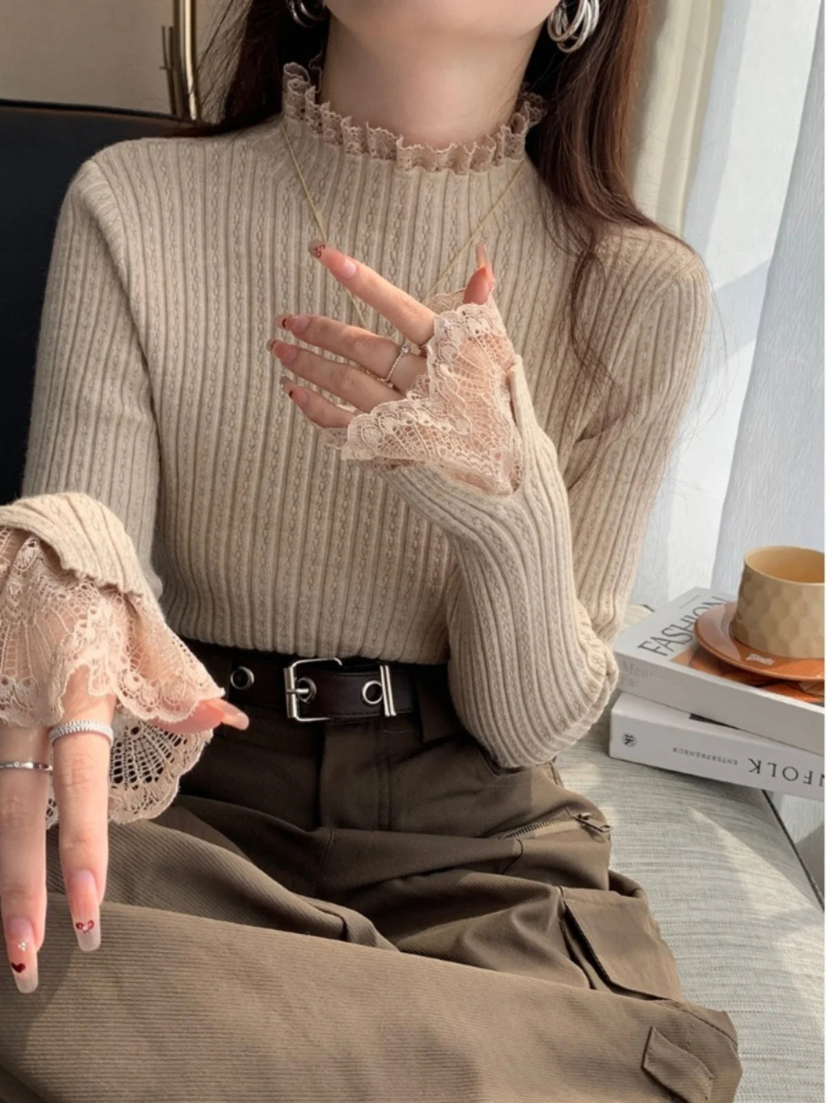 Autumn Winter Turtleneck Skinny Elastic Knitted Pullovers Women Solid Color Tops Female Long Sleeve Knit Patctwork Lace Sweater