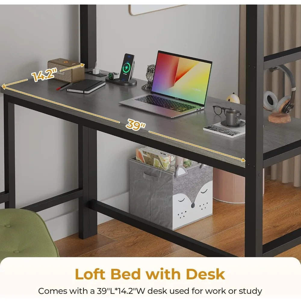 Twin Loft Bed with Desk, 8 Drawers, LED Lights, and Charging Station - Metal Storage Bed