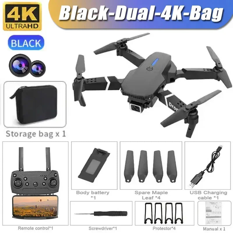 New E88 RC Drone 4K Professinal With 1080P Wide Angle Dual HD Camera,Foldable RC Helicopter WIFI FPV Height Hold Gifts Toys ﻿