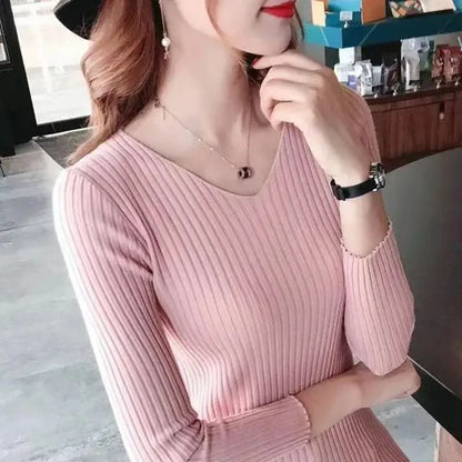 2025 Autumn Winter Women Solid Rib Knit V Neck Stripe Pull Sweater Femme Long Sleeve Pullover Jersey Tops Fashion Clothes Y2k