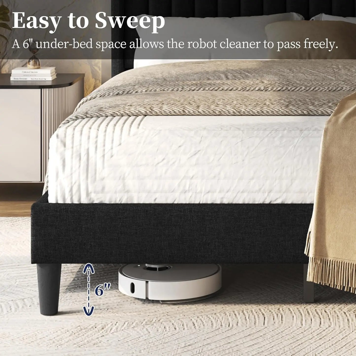 Queen Bed Frame Upholstered Platform Bed with Fabric Headboard, Wing Edge Design/Non-Slip and Noise-Free/Wooden, Customized