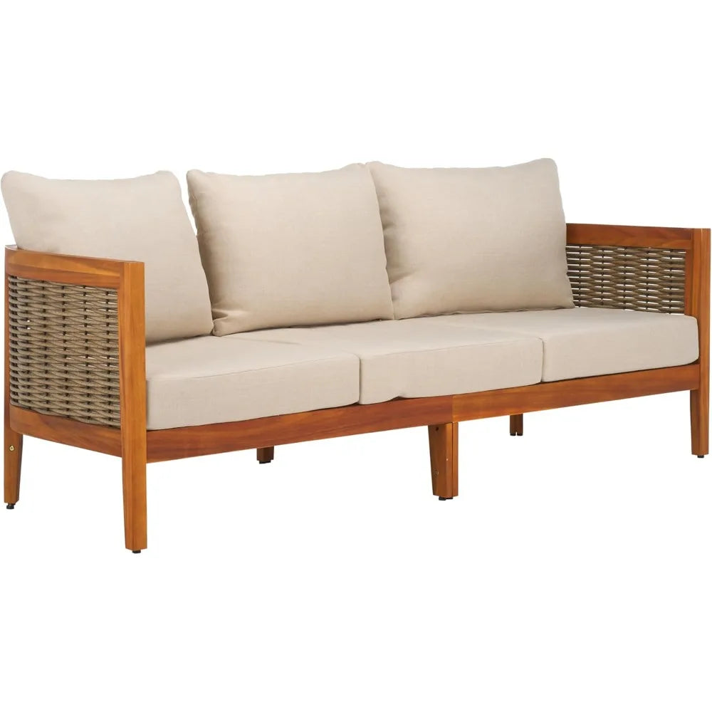 Natural Acacia Wood 3-Seater Outdoor Sofa with Taupe Cushions