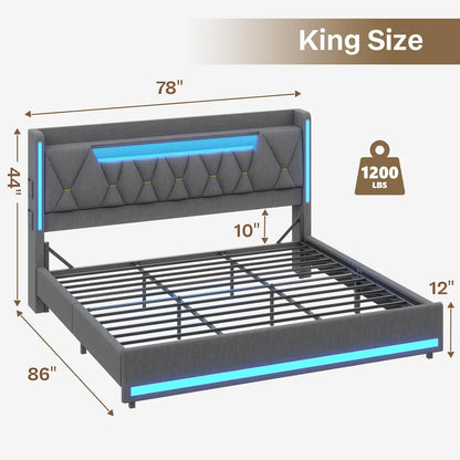 Platform Bed Frame King Size with Storage Headboard and LED Lights,King Size Bed Frame, Upholstered Headboard