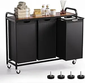 Rolling 3-Section Laundry Hamper with Pull-Out Bags, Top Shelf, and Wheels for Large Capacity Sorting