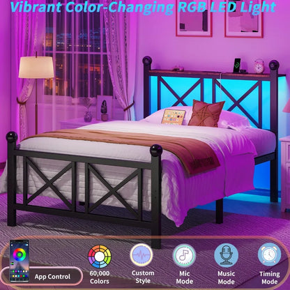 Bed Frame with LED Lights, Heavy Duty Metal Bed with Headboard and Footboard, Storage Shelf with Charging Station