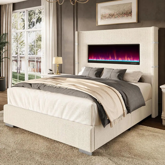 60.4 Queen Size Upholstered Bed Frame with Heat-Free Fireplace, Luxury Corduroy Platform Bed with Extra Tall Wingback Headboard,