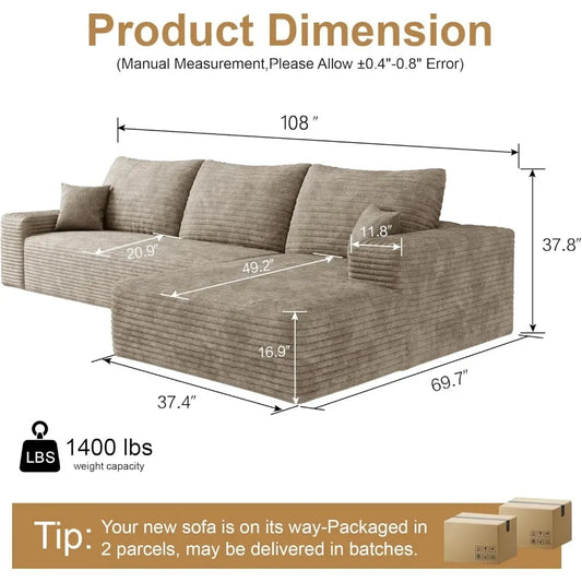 108" Sectional Couches for Living Room Modern Modular Sofa with L-Shape Couchs Upholstered Boneless Couch