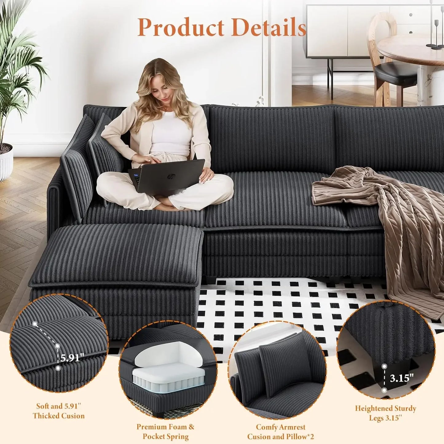 109" L Shaped Cloud Sectional Couch, Comfy Corduroy Upholstered Modular Couches for Living Room, Modern 3 Seater, Customized