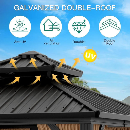 Durable Aluminum 10x10 Outdoor Gazebo with Permanent Roof, Curtains, and Mosquito Netting for Garden Use
