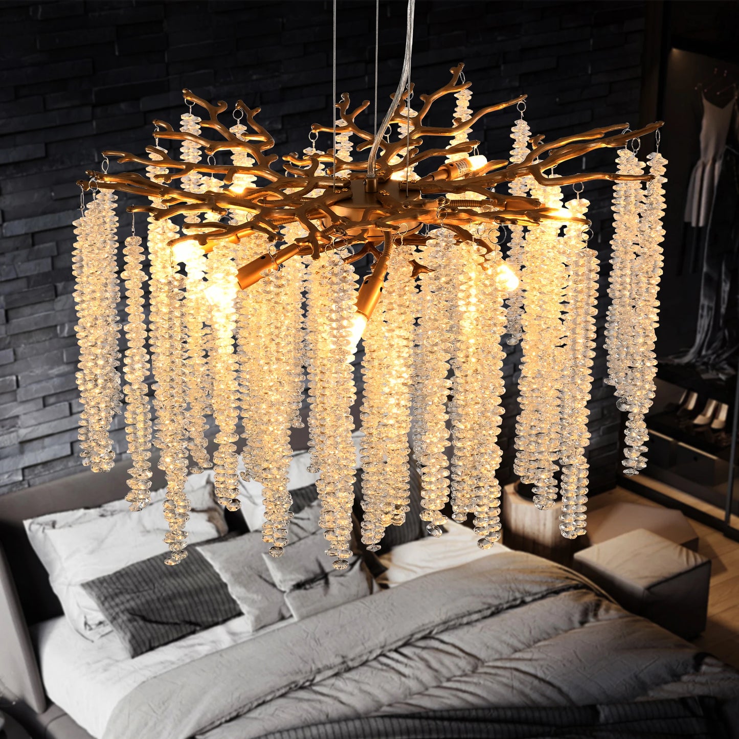 23.6-inch Modern Golden Pendant Light with Cascading Crystal Strands, High-End Decorative Lighting Fixture (Bulb Not Included)