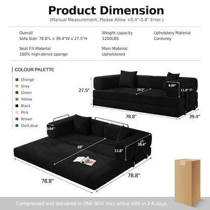 78.8''Sleeper Couch Bed for Livingroom，Convertible Modular Sofa with Armrest Pillow，Modular Fldable Corduroy, Customized