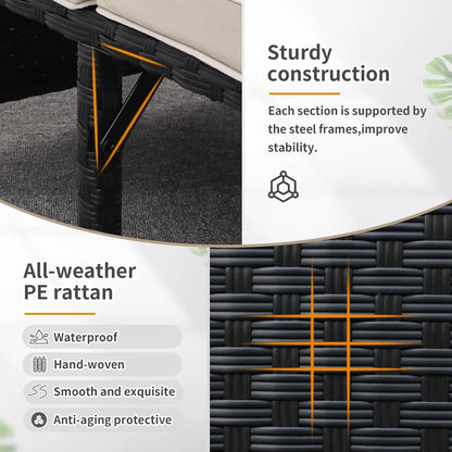 3-Piece Outdoor PE Rattan Furniture Set Patio Black Wicker Conversation Loveseat Sofa Sectional Couch Khaki Cushion