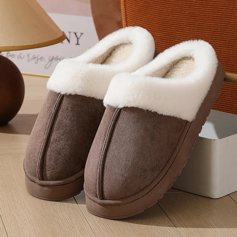 Crestar Women Plush House Slippers Fashion Faux Fur Collar Non-slip Platform Fuzzy Slides Winter Indoor Warm Fluffy Cotton Shoes