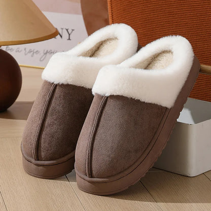 Crestar Women Plush House Slippers Fashion Faux Fur Collar Non-slip Platform Fuzzy Slides Winter Indoor Warm Fluffy Cotton Shoes