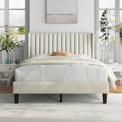 Queen Upholstered Platform Bed - Fabric Headboard with Wing Edge Design | Wooden Slats Support, Non-Slip & Noise-Free