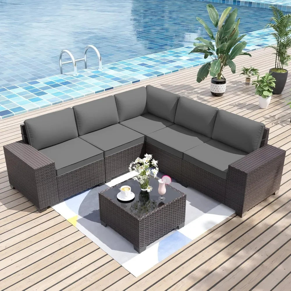 Patio Furniture Sets 6 Pieces Patio Sectional Outdoor Furniture Patio Sofa Chairs Set All Weather PE Rattan Wicker Couch Conver
