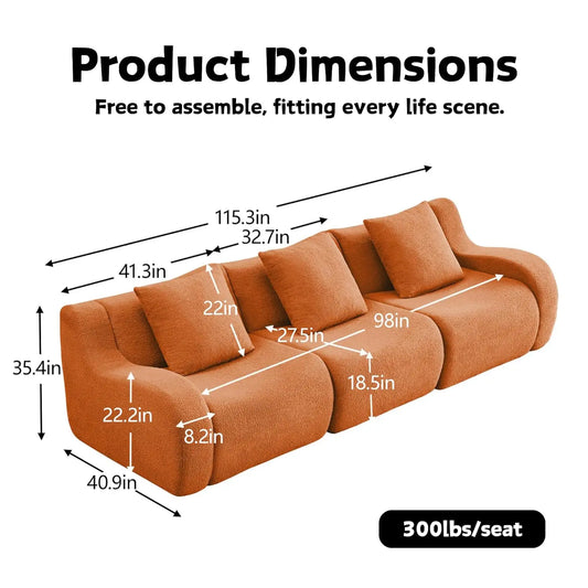 115" Modular Boneless Sectional Sofa, L-Shape Boneless Couch for Living Room and Apartments, 32D High Density, Customized