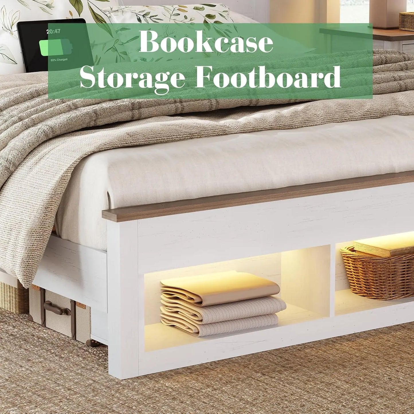 Farmhouse King Size Bed Frame with Storage Bookcase Headboard and Footboard, Storage Wood Platform Bed Frame