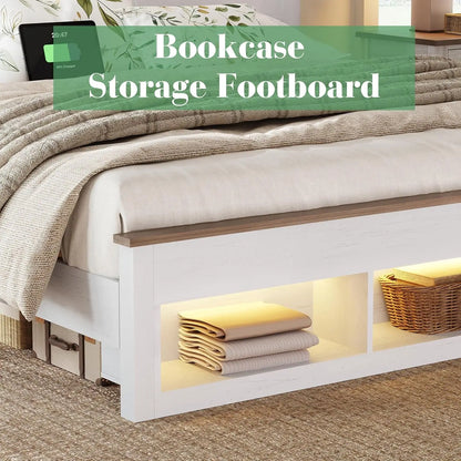 Farmhouse King Size Bed Frame with Storage Bookcase Headboard and Footboard, Storage Wood Platform Bed Frame
