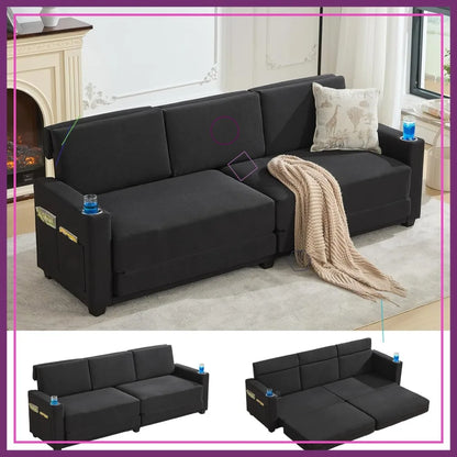 89" 3-Seat Convertible Sleeper Sofa Bed, Black Folding Couch with Cup Holders & Side Pockets, Queen Size Pull-Out Bed