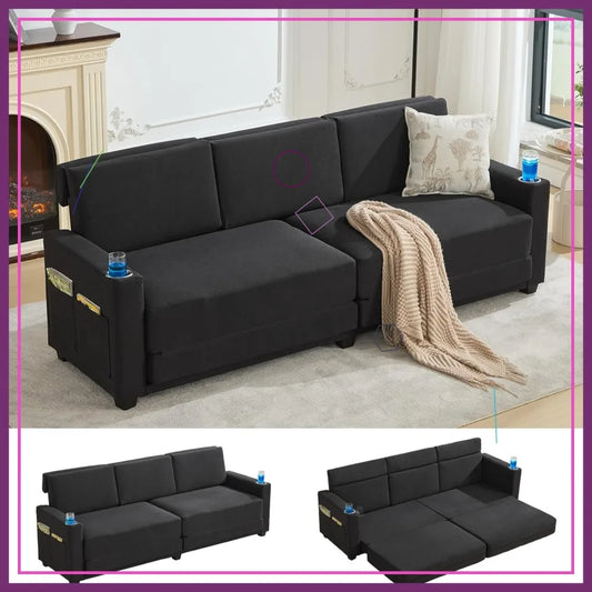 89" 3-Seat Convertible Sleeper Sofa Bed, Black Folding Couch with Cup Holders & Side Pockets, Queen Size Pull-Out Bed
