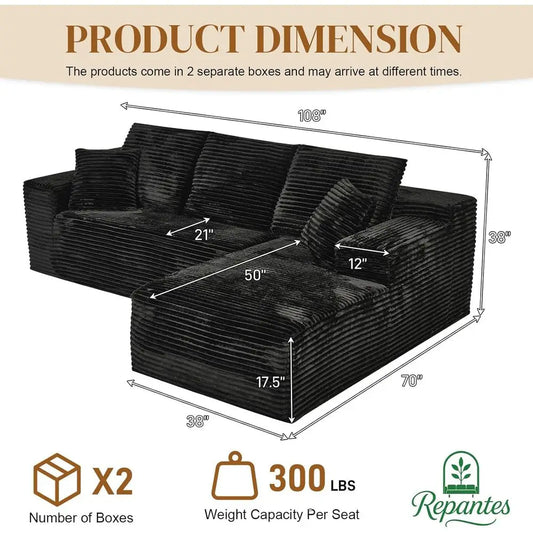 108" L Shaped Boneless Sectional Couches for Living Room, Comfy Corduroy Floor Cloud Sofa with Chaise, Wide Armrest, Deep Seat,