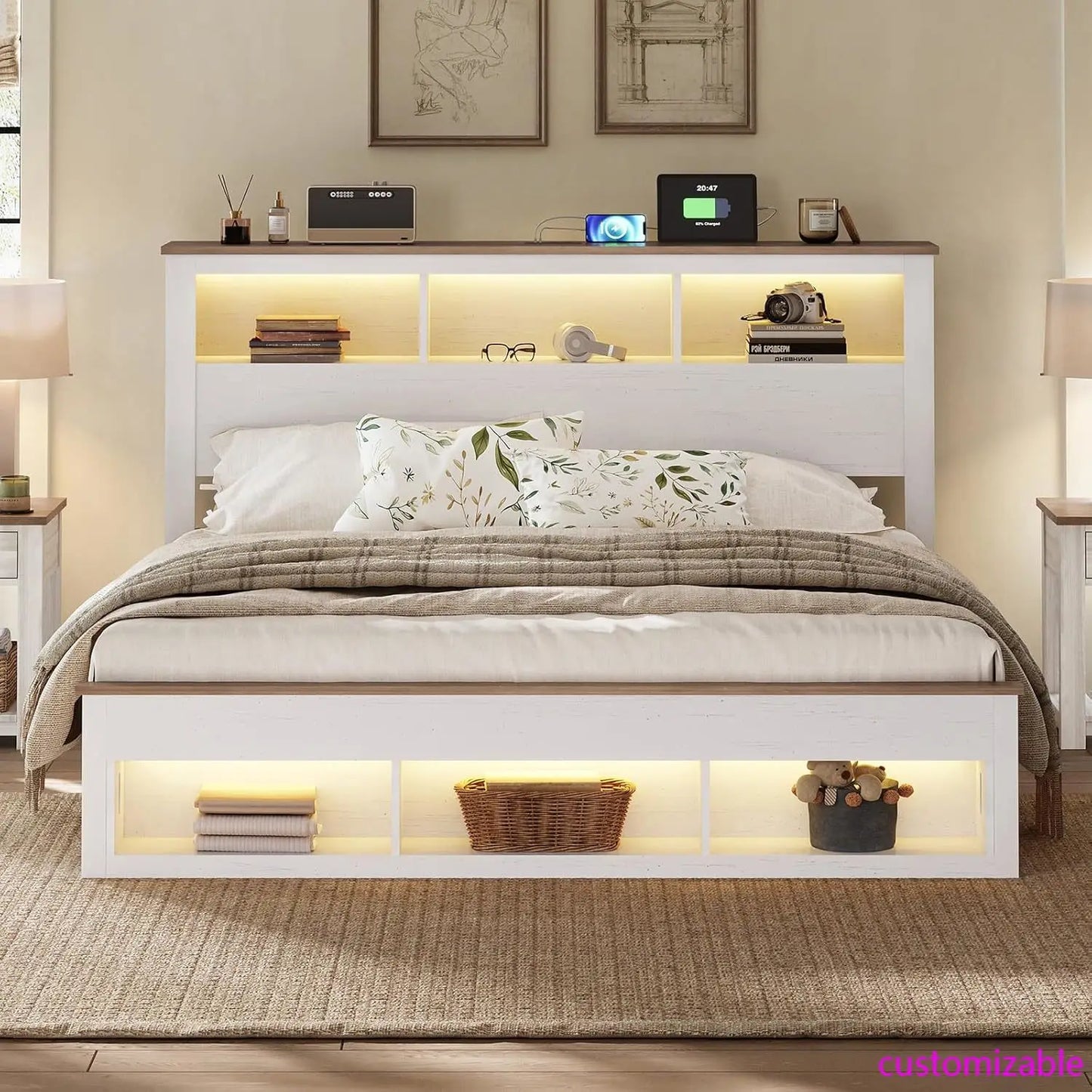 Farmhouse King Size Bed Frame with Storage Bookcase Headboard and Footboard, Storage Wood Platform Bed Frame