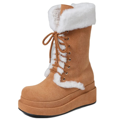 Winter Warm Faux Fur Mid Calf Snow Boots Fashion Platform Wedges High Heels Side Zipper Lace-up Boots for Women